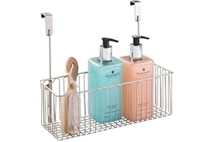 mDesign Steel Metal Wire Bathroom Cabinet Door Organizer - Over Door Storage Hanging Holder Baskets - Organizing Caddy with Hooks Holds Shampoo and Conditioner - Concerto Collection - Matte Satin