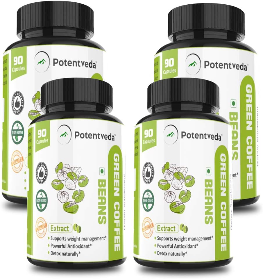 Potentveda Green Coffee Beans Extract - 50% GCA - for weight loss Men & Women - 90 capsules (Pack of 4)
