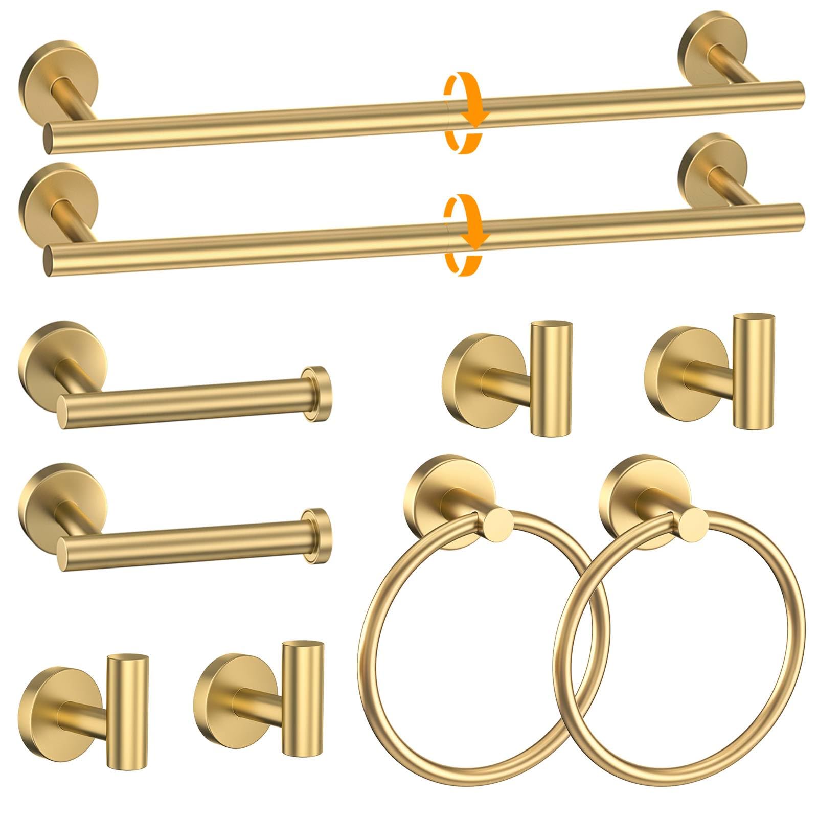 Photo 1 of Brushed Gold Towel Bar Set 10 Pieces Round Bathroom Hardware Set Includes 23.6in Towel Bar Towel Ring Toilet Paper Holder Towel Hooks Stainless Steel Wall-Mounted Bathroom Towel Holder Set