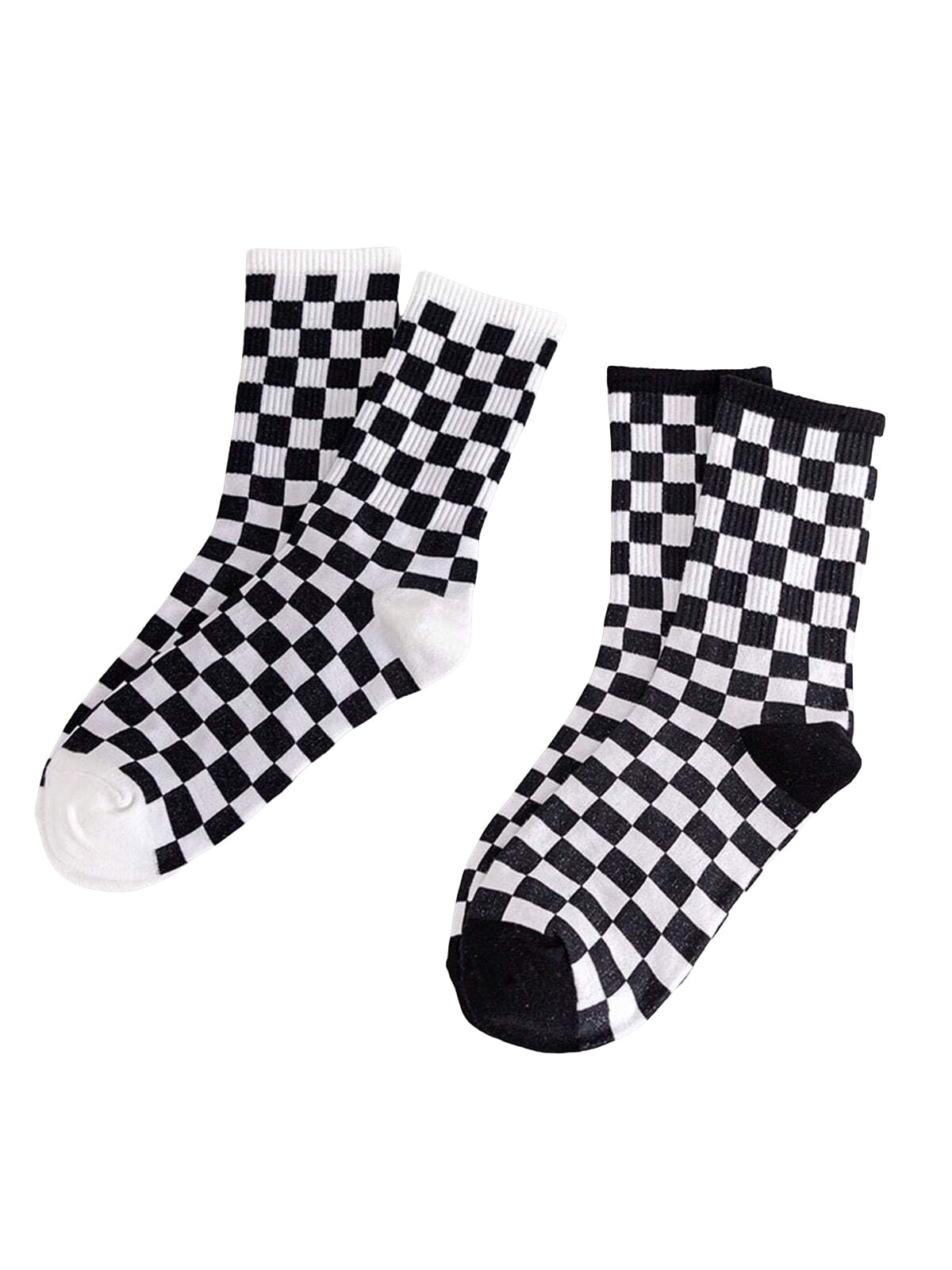 Photo 1 of Verdusa Women's 2 Pairs Checkered Mid Calf Socks Printed Crew Socks Black and White One-Size