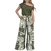 CHICME Women Summer 2 Piece Outfits Cold Shoulder Top Floral Print Wide Leg Pants Sets Travel Vacation Matching Set