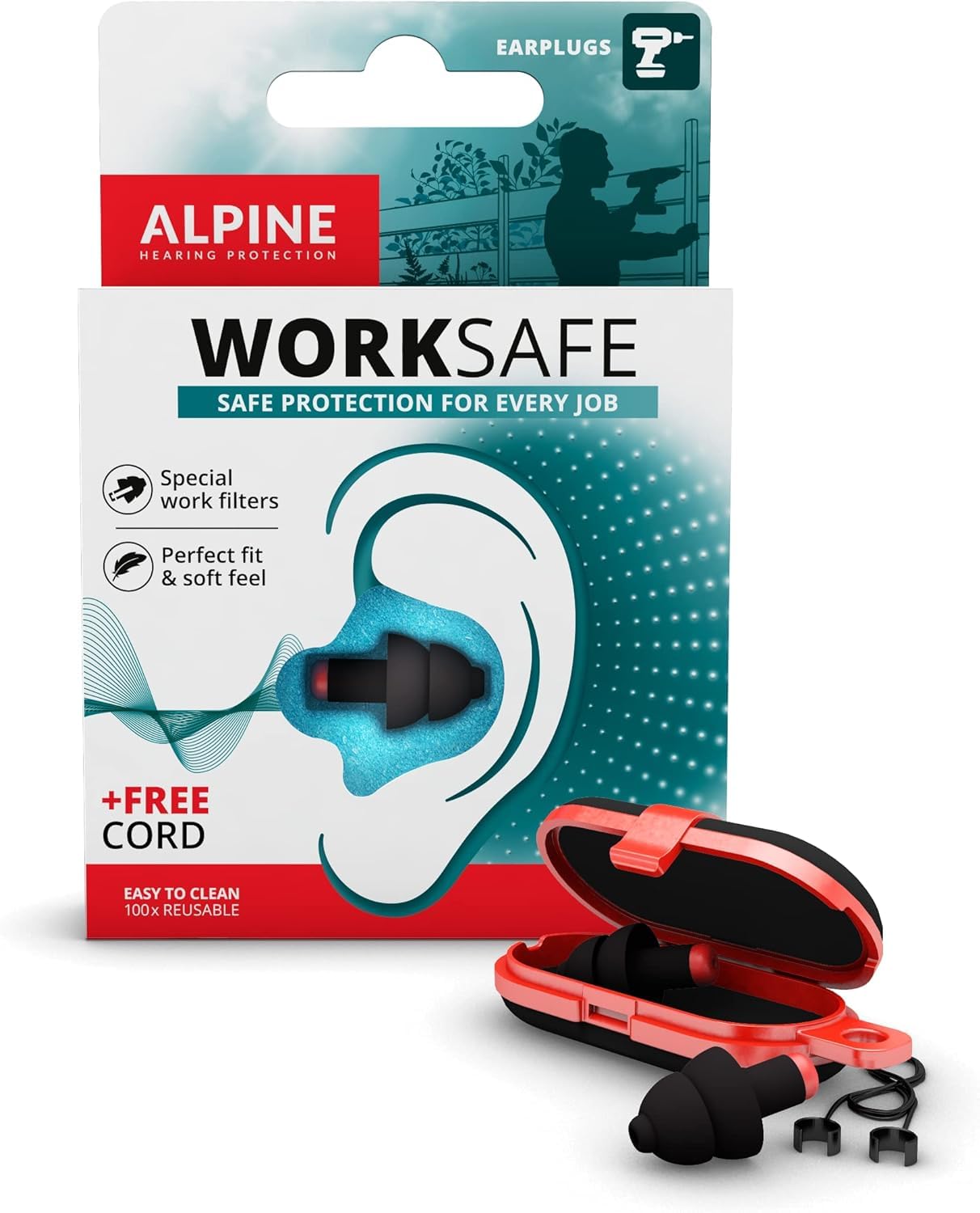 Alpine WorkSafe Ear Plugs for Work & DIY - Reduce Machine Noises with Safety Cord - Comfortable Reusable Earplugs for Maximum Ear Protection (23 dB SNR)