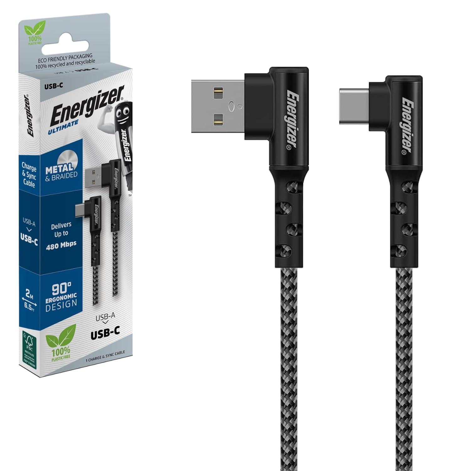 Energizer - 90° angled USB-C cable - Extra long (2m) - Braided Nylon - Ideal for Gamers - Black