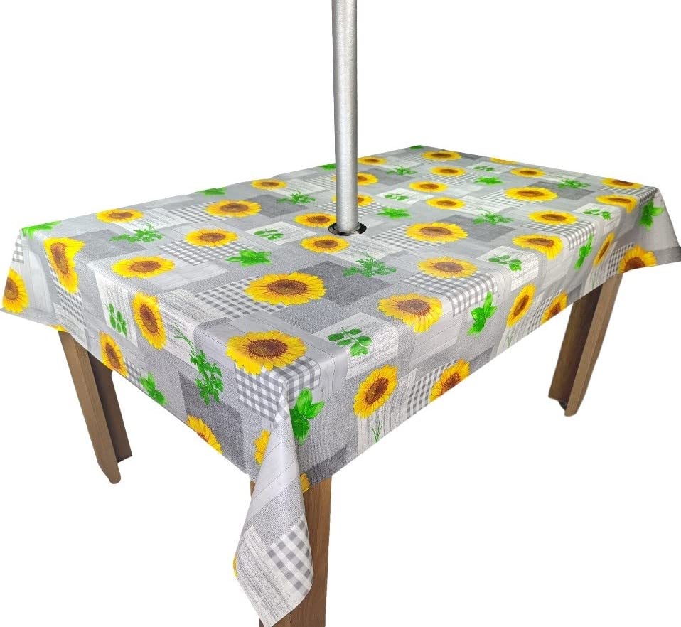 Karina Home Wipe Clean Garden Tablecloth with Parasol Hole Grey and Yellow Sunflower 300cm x 140cm