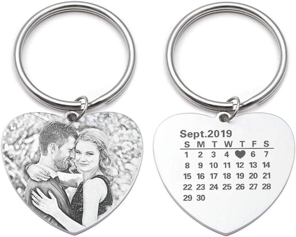 Personalized Photo Key Chain, Customized Picture Keychain, Custom Special Date, Calendar Photo Keyring for Men Women Anniversary Christmas Gift