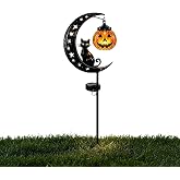 Solar Halloween Black Cat & Pumpkin Moon Garden Stake Light, Waterproof Outdoor LED Yard Decoration with Crescent Moon Hanging Jack-o'-Lantern for Garden Patio Walkway Porch Lawn (Style C)