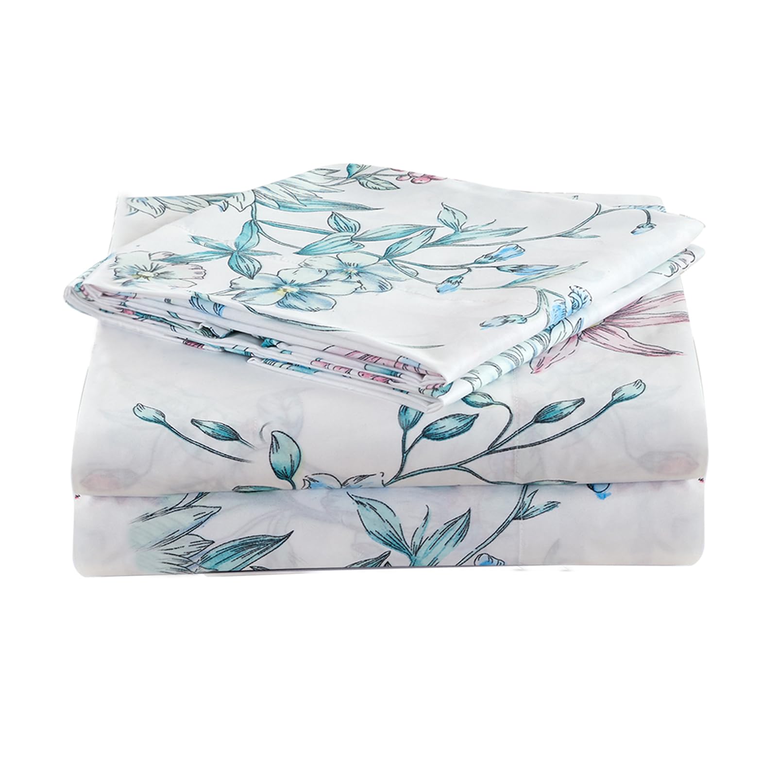 Photo 1 of JSD White Blue Floral Printed Sheet Set Full Size, 4 Piece Botanical Microfiber Sheets Extra Deep Pocket