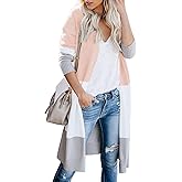 CARDYDONY Women's Long Cardigan Open Front Color Block Cardigan Knit Sweaters