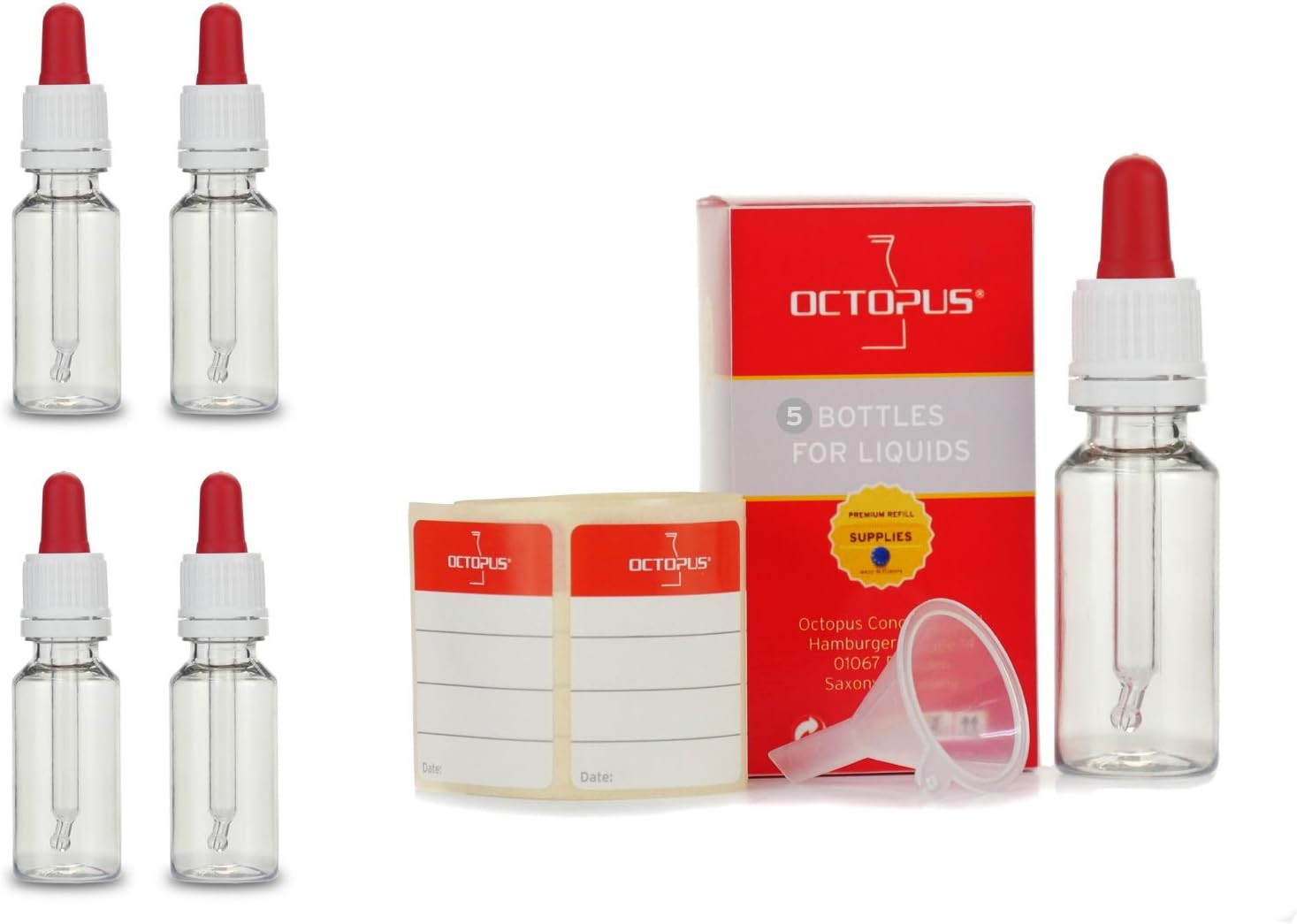 5x20 ml Pipette bottles (PET) with glass pipette, plastic bottles with dropping pipette for the dosage of liquids eye drops