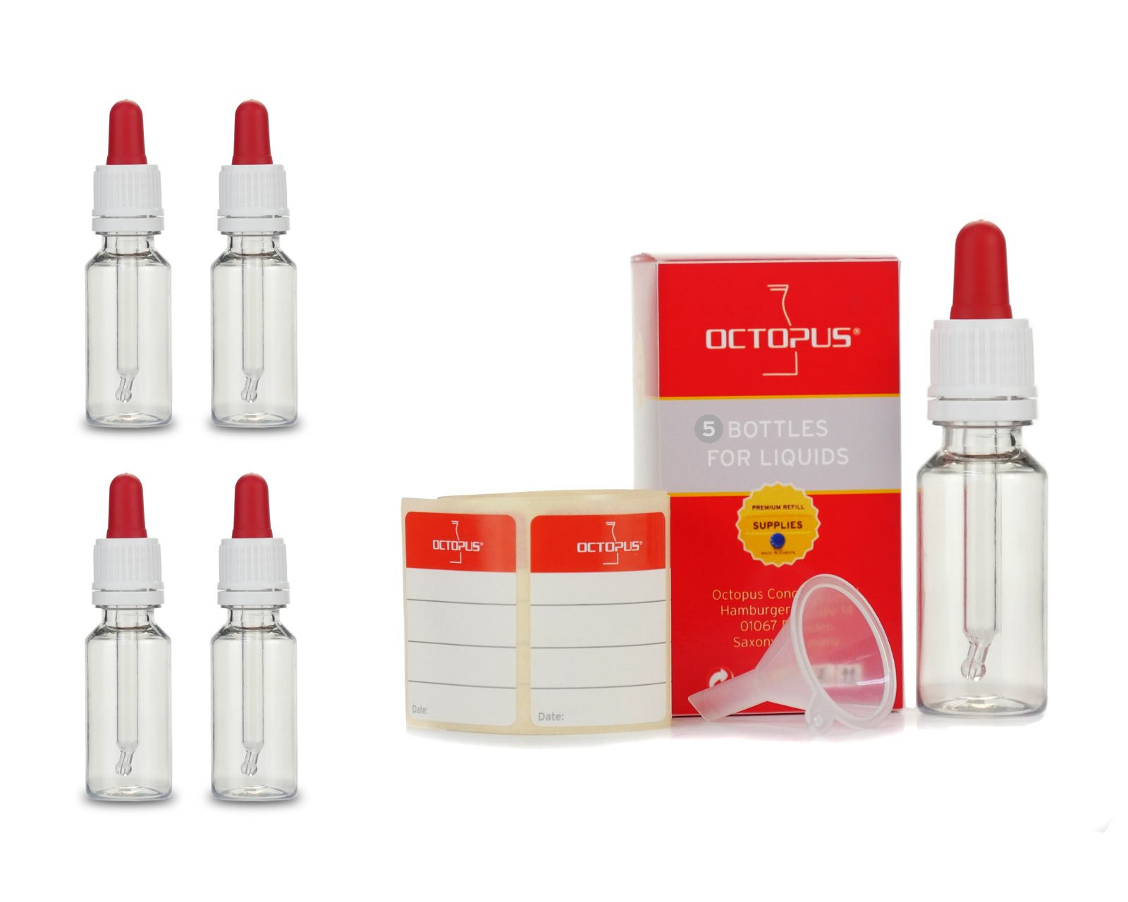 5x20 ml Pipette bottles (PET) with glass pipette, plastic bottles with dropping pipette for the dosage of liquids, eye drops, e-liquids, essences, oils, synthetic bottles transparent, incl. labels