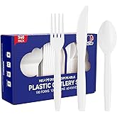 JOLLY CHEF 360 Count White Plastic Silverware Heavy Duty, 180 Forks, 120 Spoons, 60 Knives, Heat ResistantPlastic Utensils Set, Disposable Cutlery set, Premium Clear Utencils for Party, Christmas