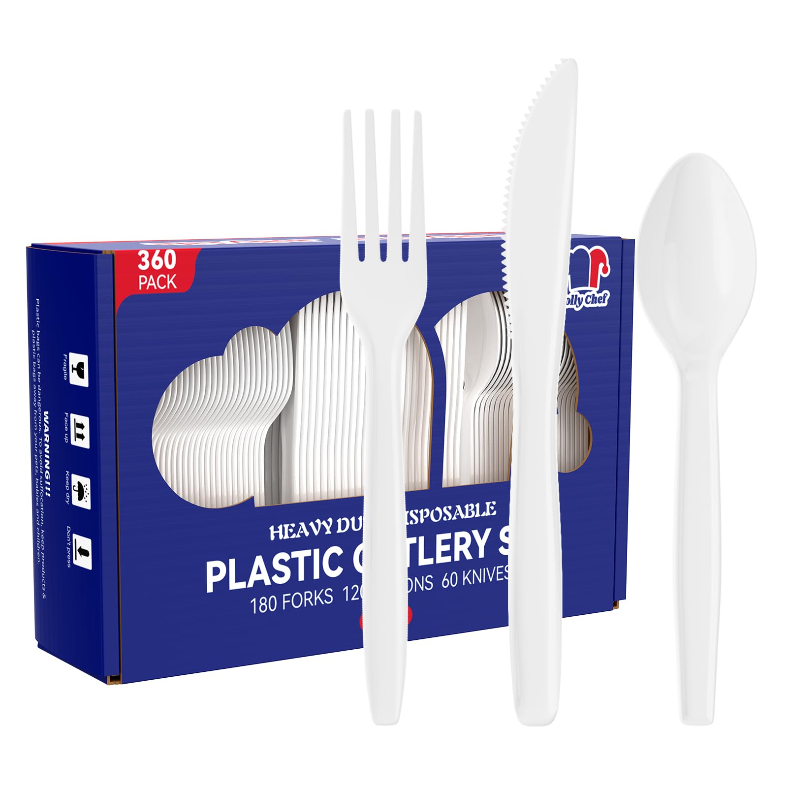 Photo 1 of JOLLY CHEF 360 Count White Plastic Silverware Heavy Duty, 180 Forks, 120 Spoons, 60 Knives, Heat Resistant, BPA Free