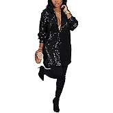 Women's Sequin Button Down Shirt Dress Long Sleeve Loose Fit Blouse Top Mini Dress Party Sexy Clubwear