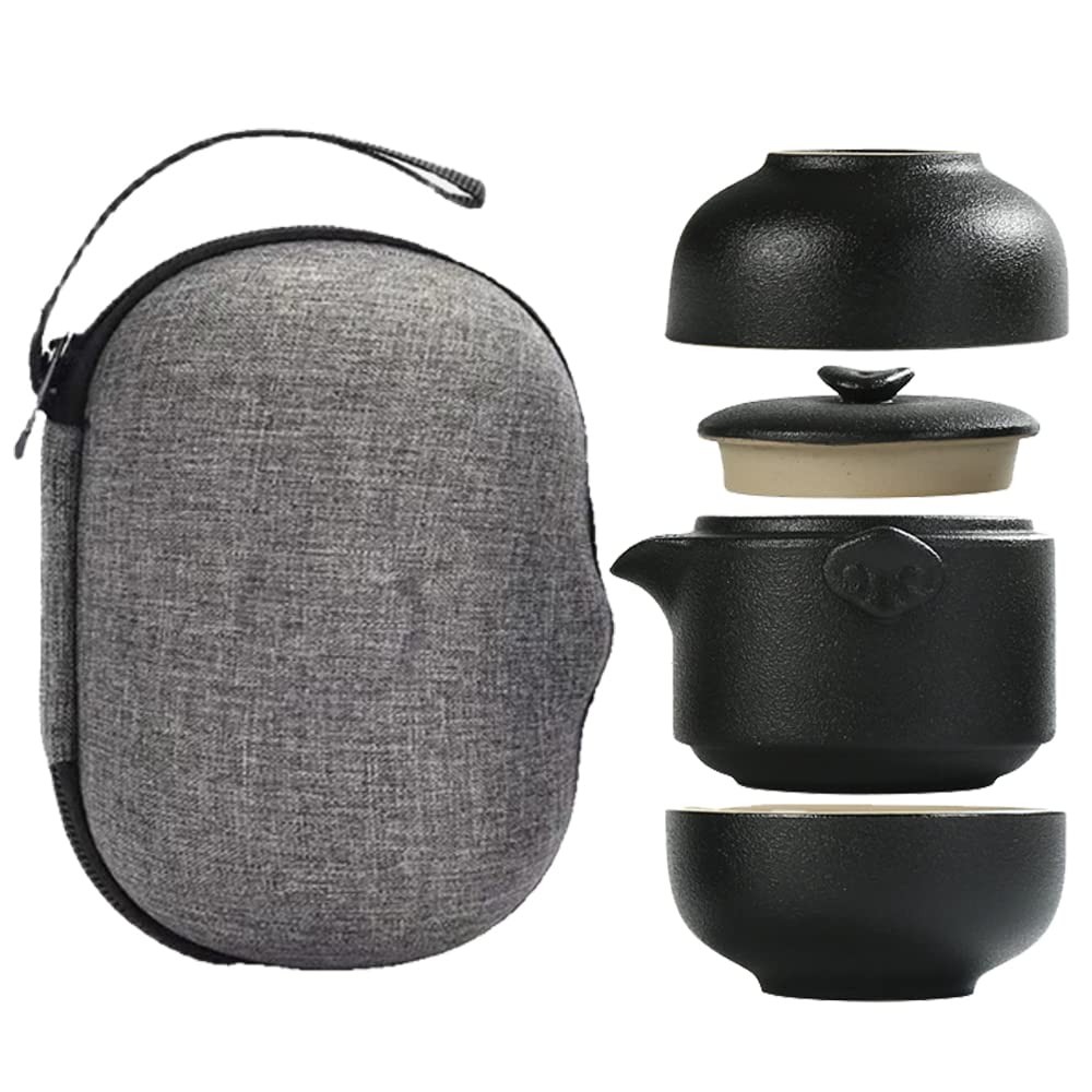 TAMUME Travel Tea Set for 2 Persons Porcelain Teapot and Tea Cups with Portable Travel Pouch (Black)