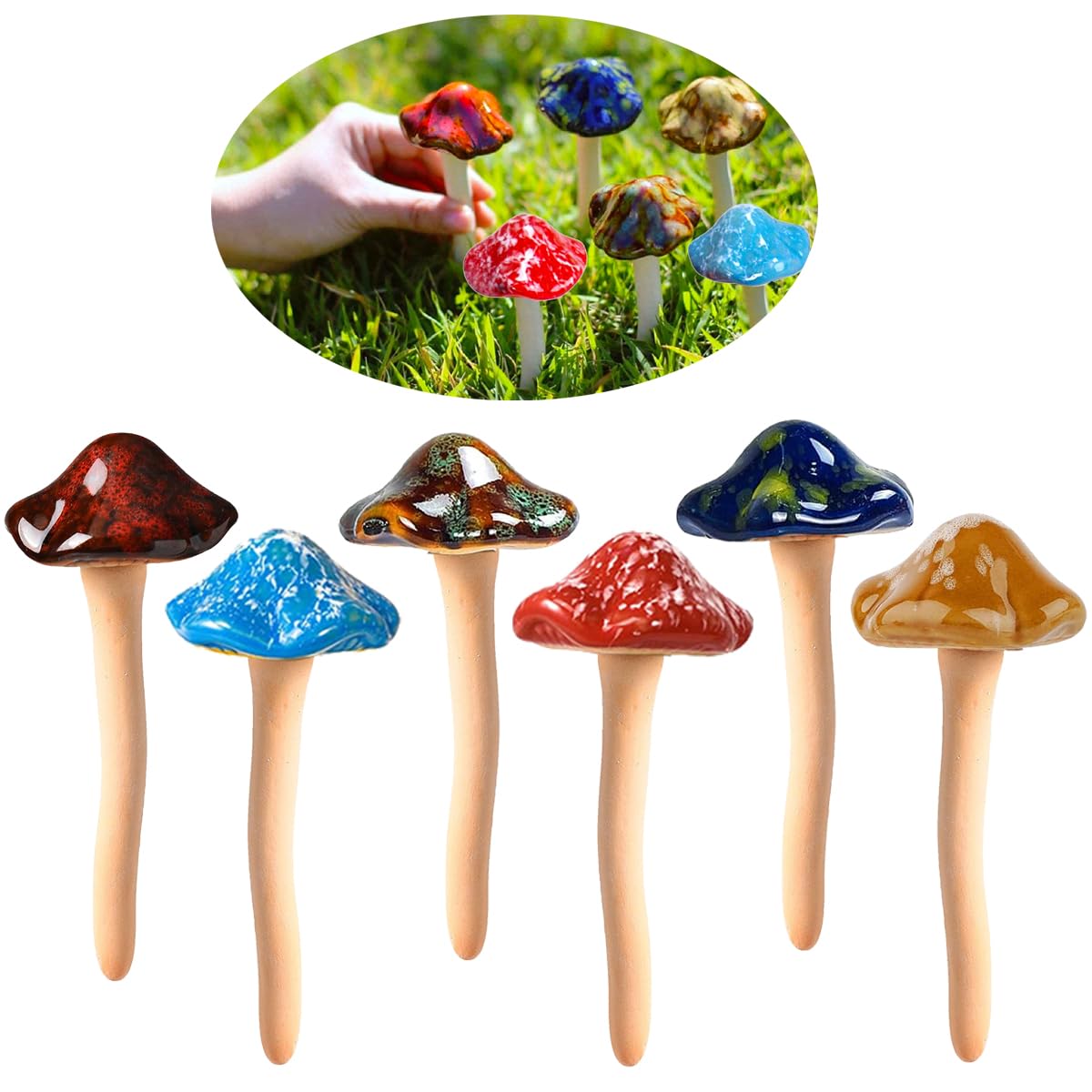 Purple Star Ceramic Mushrooms for Garden 6 Pack Small Mushroom Decor Little Mushroom Decorations Toadstool Fairy Garden Ornaments Outdoor for Plants Pots Yard Lawn Outside Statue Women Gifts Brown