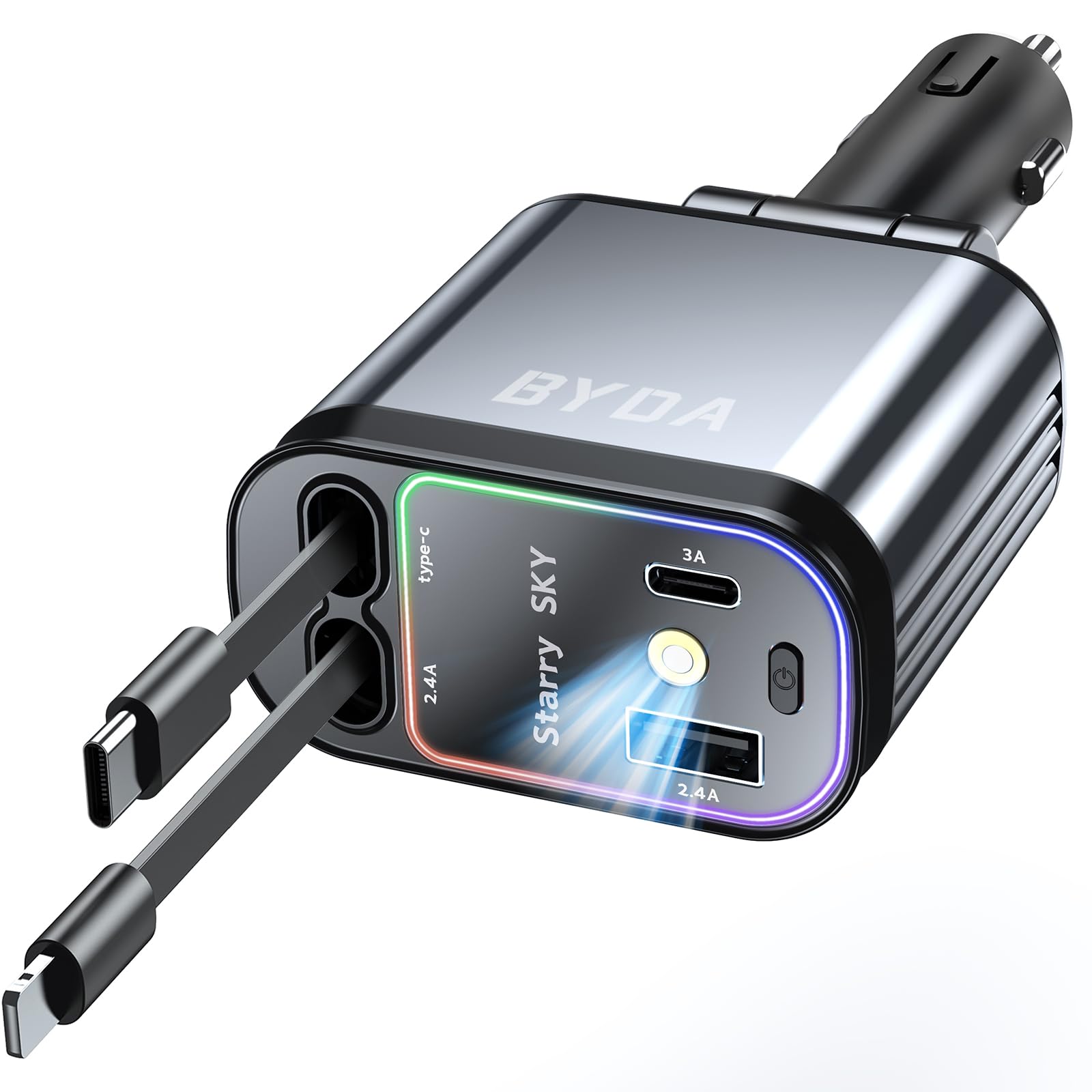 Fast Car Charger 4 in 1 Retractable Car Charger 69W with Starry Light,USB-C Fast Car Accessories,Compatible with All iPhones All Android Phones (GreyLightning+USB-C & PurpleLight)