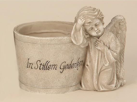 Grabschmuck Engel mit Blumentopf Spruch Grabstein Gedenkstein Grabdeko