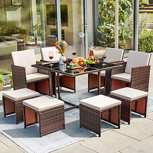 Devoko 9 Pieces Patio Dining Sets Outdoor Space Saving Rattan Chairs