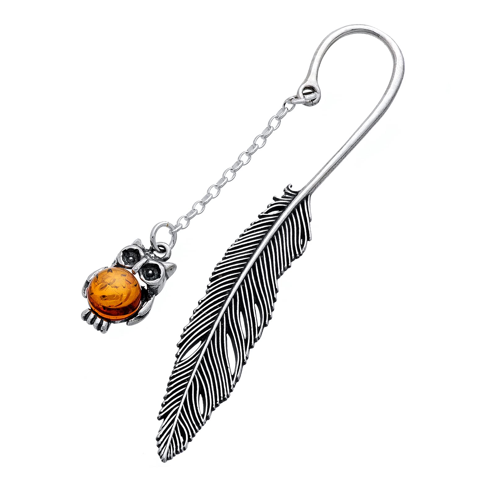 AMBEDORA Bookmark with Amber, Oxidised Sterling Silver, Round Baltic Amber in Cognac Colour, Silver Little Owl Bookmark L. 8.2 cm