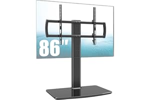 HEMUDU Universal TV Stand/Base Tabletop TV Stand with Wall Mount for 40 to 86 inch 5 Level Height Adjustable, Heavy Duty Tempered Glass Base, Holds up to 132lbs Screens, HT03B-003