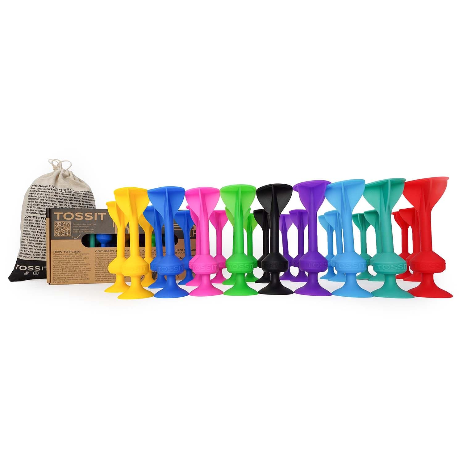 TOSSIT Game Set - Indoor, Outdoor Suction Cup Throwing Party Game - Family Pack, 8 colors Red Cyan Pink Light Blue Purple Green Blue Yellow - Portable Fun that sucks!