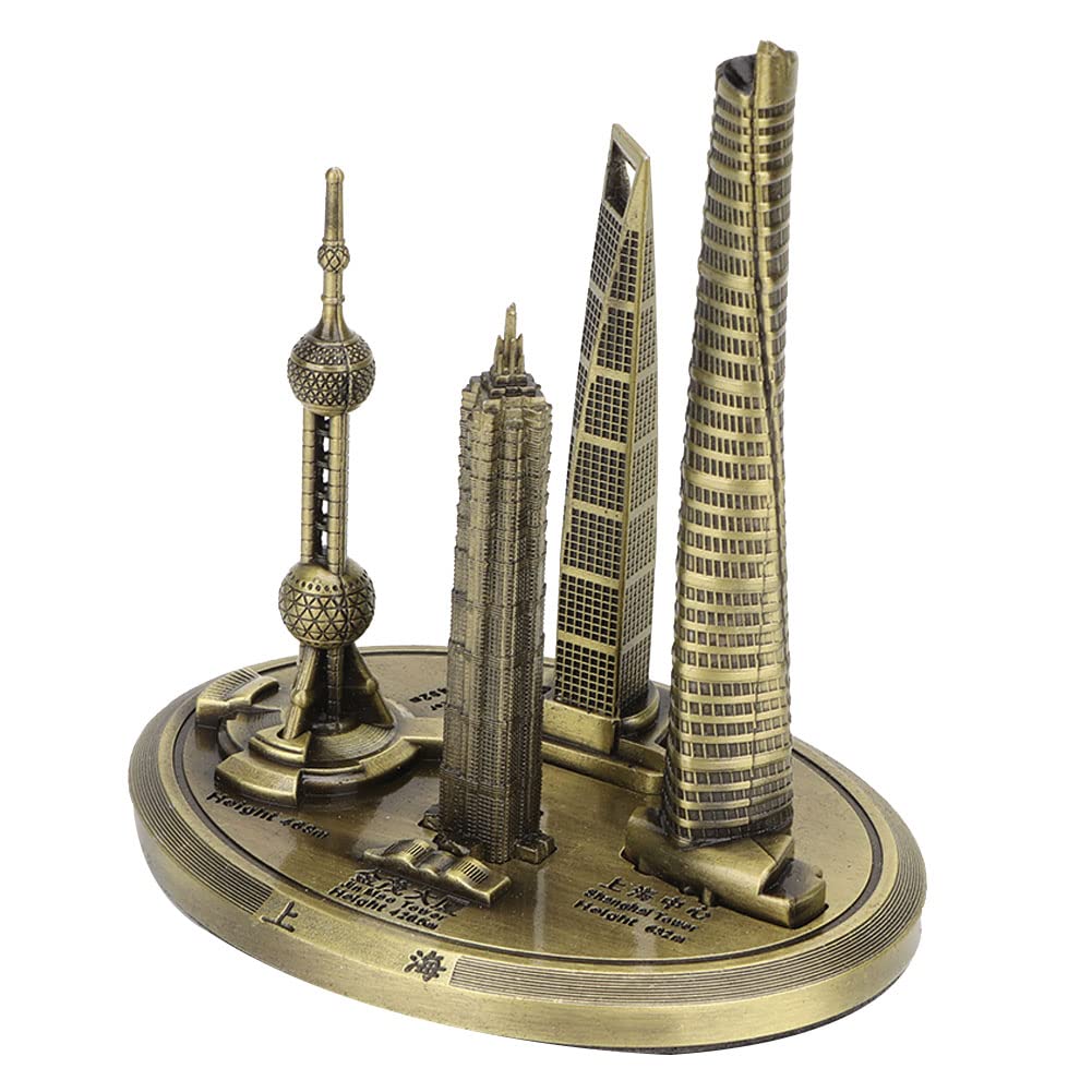 Cyrank Shanghai Landmark Buildings Model Statue, Metal World Famous Landmark Building Model Decor Shanghai Financial Center Buildings Replica Model Home Desktop Ornament(S-Bronze)