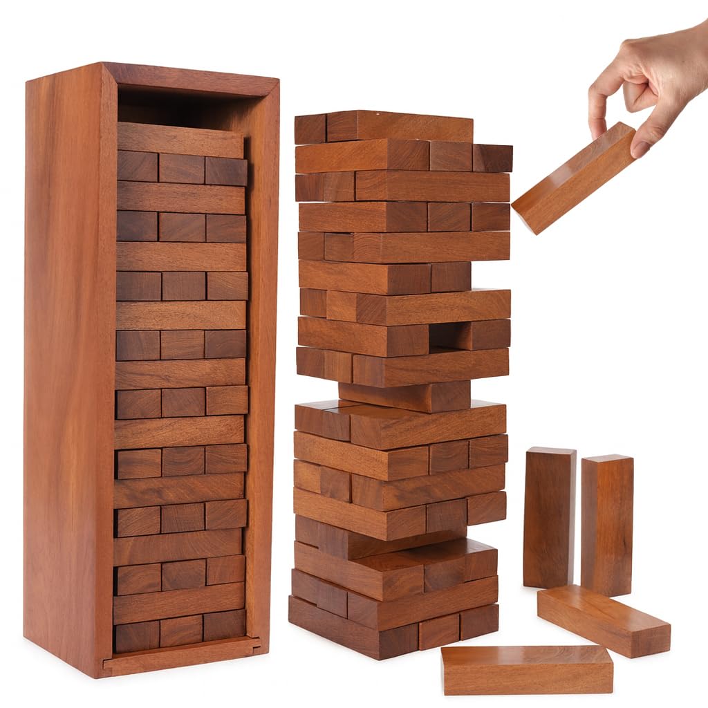 Ajuny Wooden Tumbling Tower Game – Classic Strategy Stacking Blocks for Kids, Adults & Family – Ideal Parties Game for Camping, Travel Game Night, Outdoor Fun Games 54 Block - 11.5 Inch