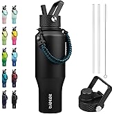 BJPKPK Insulated Water Bottles with Straw Lid, 35oz Metal Water Bottle with 2 lids & Paracord Strap, Double Wall Stainless Steel Vacuum Tumblers, Cups, Mugs, Thermo for Hot& Cold Drinks, Black