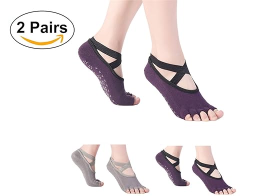 SANIQUEEN.G 2 Paare Rutschfeste Yoga Socken für Damen/Männer Halbzehensocken mit Baumwolle für Pilates, Barre, Ballett, Tanz 