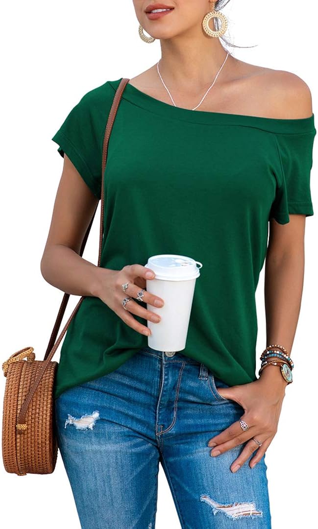 HIYIYEZI Women's Off The Shoulder Tops Summer Casual Short Sleeve T Shirts at  Women’s Clothing store