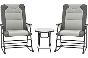 Outsunny 3pc Patio Foldable Rocking Chair Set, Outdoor Rocking Chairs and Table Bistro Set w/Padded Seat, Headrest, Backrest 
