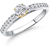 925 Silver and 10K Yellow Gold Gemstone Birthstone and White Lab Grown Diamond Accent Engagement Ring For Women | Round 4MM and 1.5MM | Two-Tone Wedding Anniversary Promise Ring | Sizes 5, 6, 7, 8, 9