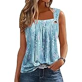 Summer Tank Tops for Women Pleated Square Neck O Ring Shoulder Sleeveless Shirts Casual Loose Fit Trendy Blouses