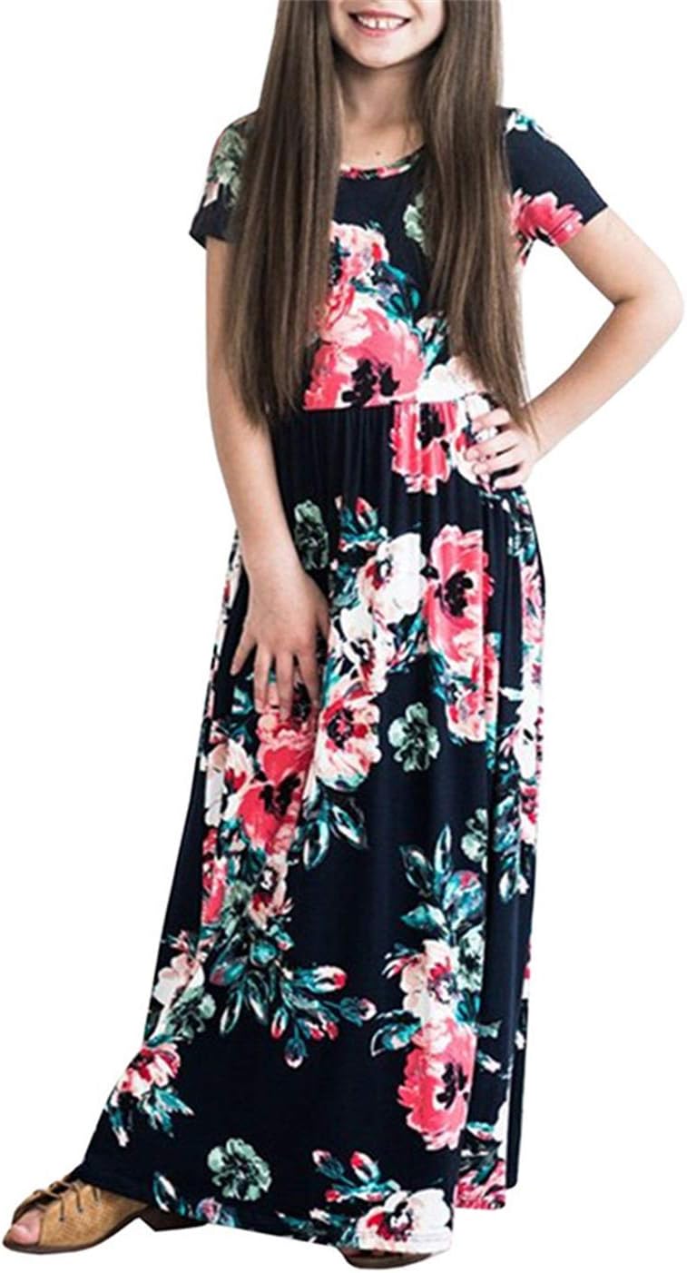 storeofbaby Girls Floral Maxi Dress with Pockets Short Sleeves Casual Dresses