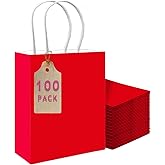 qiqee 100PCS Gift Bag with Handles Bulk Red Paper Bags Multiple Uses (11"x5"x8"inch Medium Size)