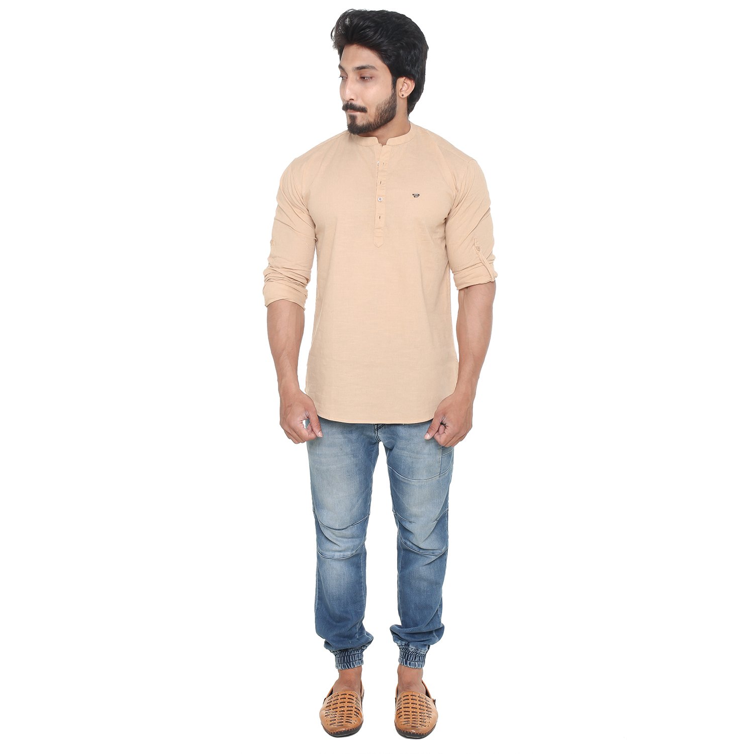 twist men's linen chinese collar short kurta shirt