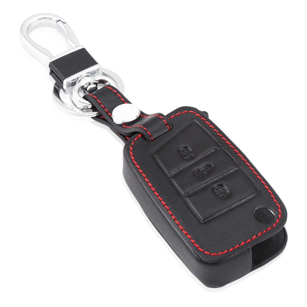 Happyit Leather Car Key Cover Cases Keychain for Volkswagen VW Golf 7 GTI GTD GTE MK7 Polo Skoda Octavia A7 Seat Leon Ibiza 3 Buttons Fob Key