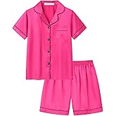 UNICABBIT21 Satin Summer Pajamas for Big Girls Unisex Kids Silk Button Down Short Sleeve & Shorts PJS Size 8-16