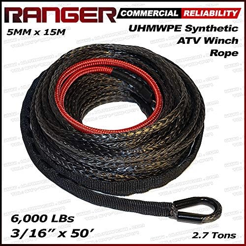 Ranger 6,000 LBs 3/16" x 50' Dyneema Synthetic Winch Rope 5 MM x 15 M for ATV Winch by Ultranger