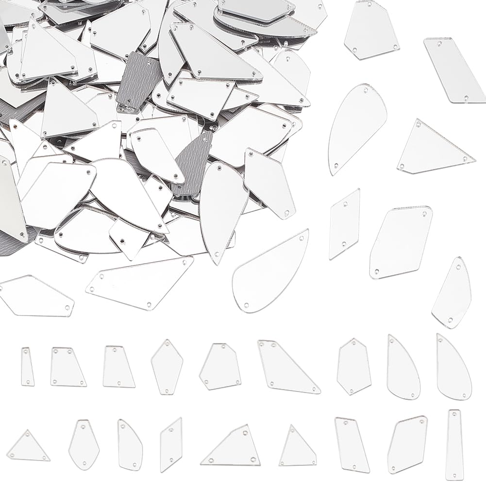 PH PandaHall 180pcs Sew on Mirror Rhinestones 18 Style Silver Sew on Acrylic Mirror, Flat Back Mirror Beads Acrylic Pieces with Hole for Costume Evening Dresses Clothing Dress Decor Halloween