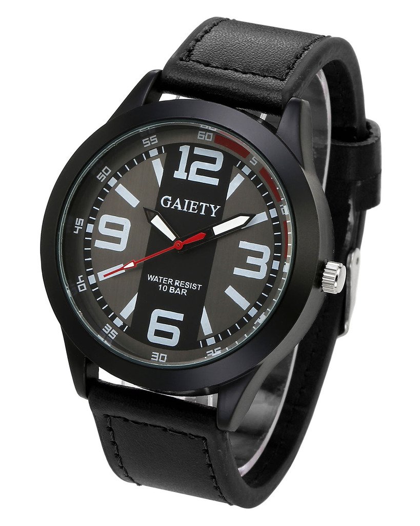 JSDDE Montre à Quartz Homme Bracelet PU Style Sportif Montre Bracelet Fil de Suture Montre Etanche Noir