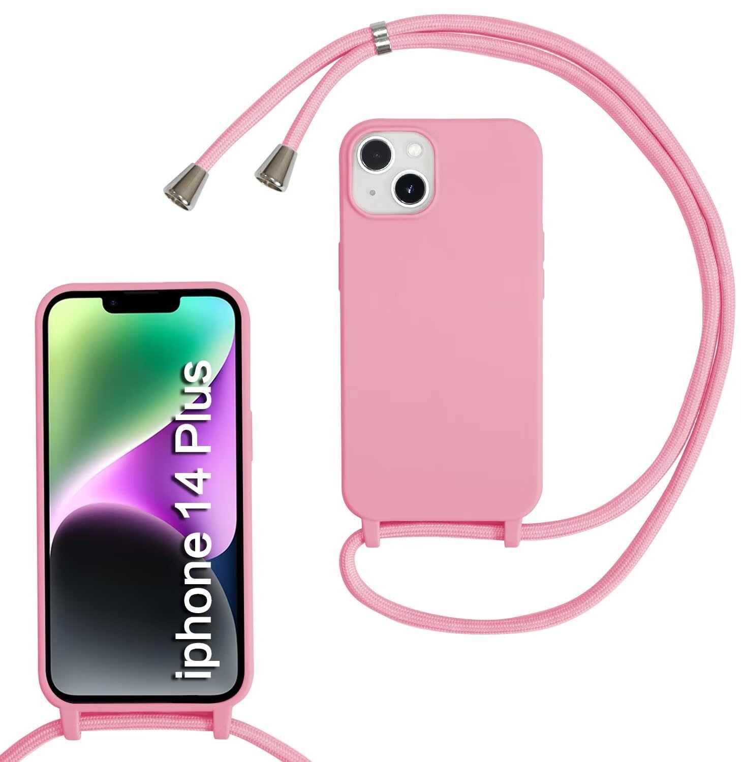 SLWYF Compatible with iPhone 14 Plus Crossbody Lanyard Case, Liquid Silicone Protective Phone Case with Strap Adjustable Neck Cord Necklace Soft Cover for iPhone 14 Plus, Pink