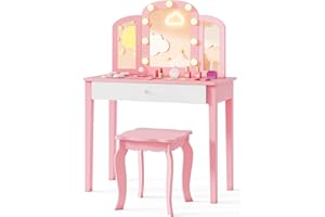 Costzon Kids Vanity, Girls Vanity Set with Mirror and Stool and Lights, Storage Drawer, Princess Toddler Makeup Vanity Desk Dressing Table, Wooden Kids Vanity Table and Chair Set (Pink)