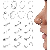 FIBO STEEL 18g 20g Nose Rings Hoops Nose Studs - Hypoallergenic Surgical Steel CZ Nose Stud L Shape Body Nostril Piercing Jewelry for Women Men 14k Gold Plated 20Pcs