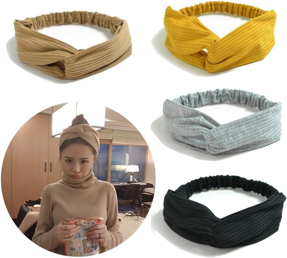 Tidalle Stretchy Headbands Crochet Cotton Hair Accessories Women Wraps Turban Knotted Scrunchies (4 pack cream yellow gray black)