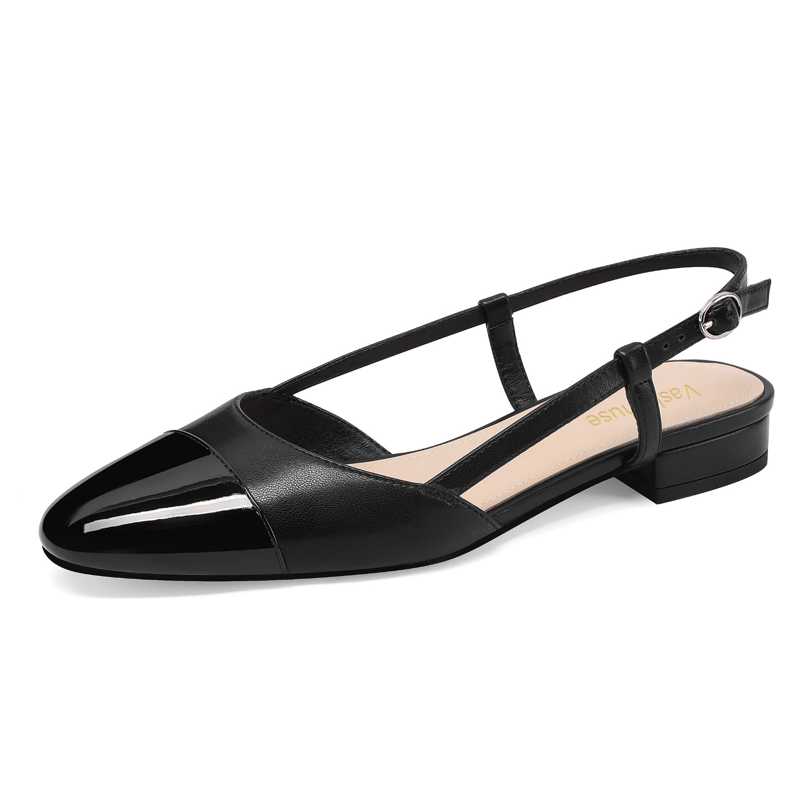 Photo 1 of **USED*Slingback Flats for Women Two Toned Double Strap Block Low Heel Flats Classic Womens Sandals Comfortable Dressy - Black Size 7.5