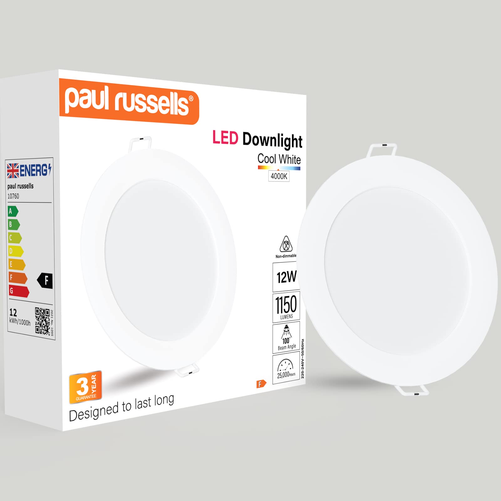 paul russells LED Ceiling Downlights, 12W Slim Recessed Bathroom Downlights, Kitchen Ceilings, 1150 Lumens, 4000K Cool/Natural White, Cutout 120-130mm, Round Non-Dimmable Panel Spotlights, 1 Pack