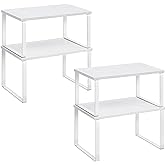 SONGMICS Cabinet Organizer Shelf, Set of 4 Kitchen Counter Shelves, Kitchen Storage, Spice Rack, Stackable, Expandable, Metal and Engineered Wood, Cloud White and Snow White UKCS027W01