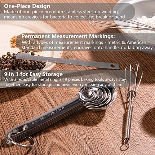 Measuring Spoons, Stainless Steel Measuring Spoons Set for Measuring Dry and Liquid Ingredients Great for Cooking Baking, Tablespoon Teaspoon Metal Measuring Spoon with Leveler/Mini Whisk, Set of 9