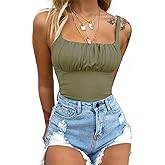 BEJONS Women's Sexy Square Neck Ruched Bodysuit Sleeveless Double Lined Tank Tops